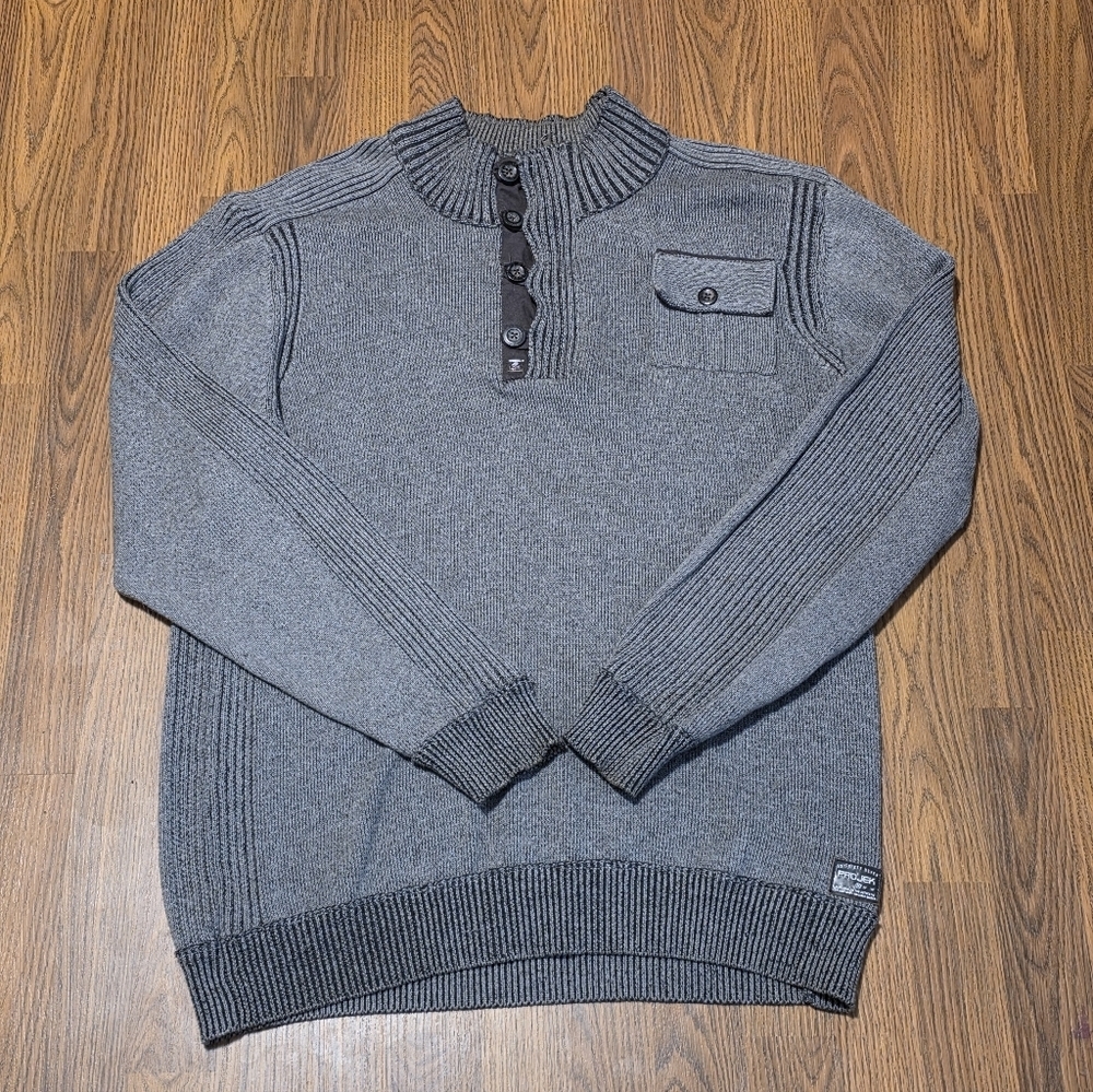 Projek Raw Grey Mock Neck Henley Sweater Ribbed Knit Pocket Men’s XXL B22